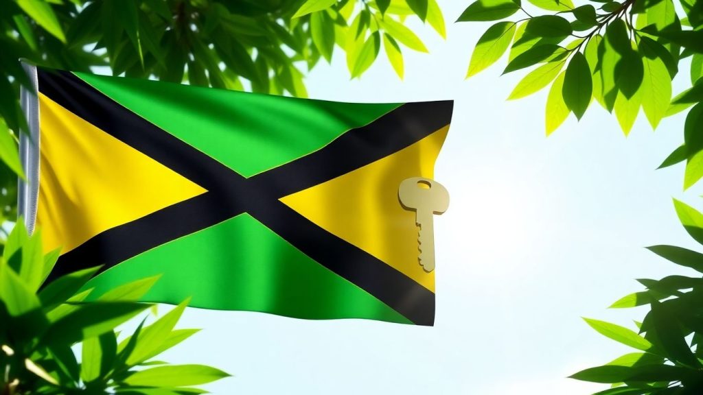 Jamaican flag and house with golden key.