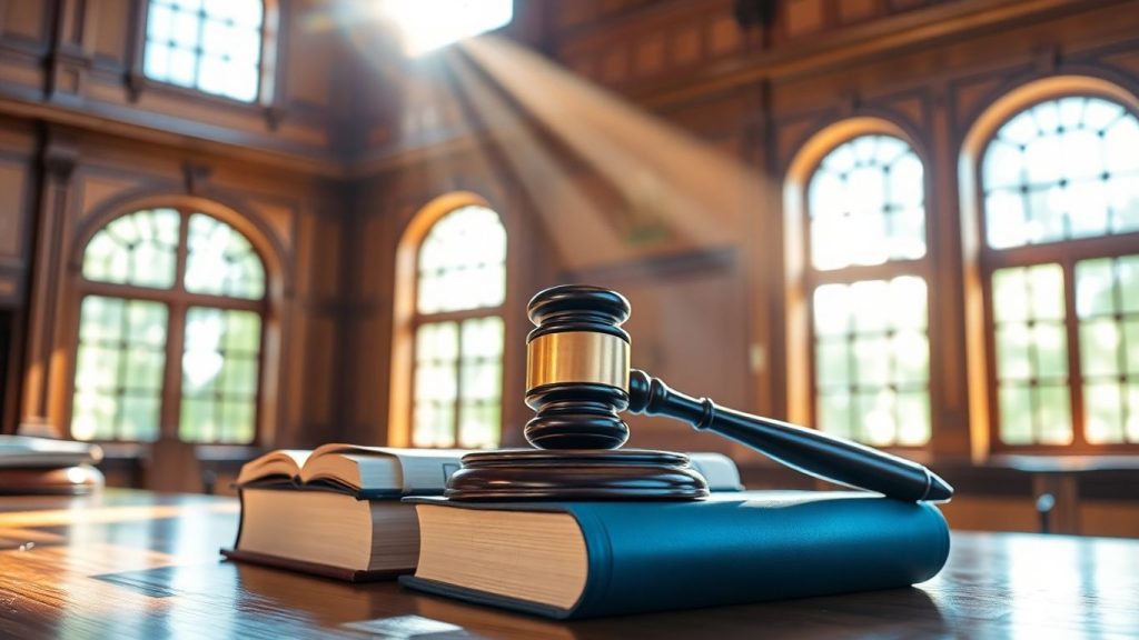 Jamaican courthouse with gavel and legal books.